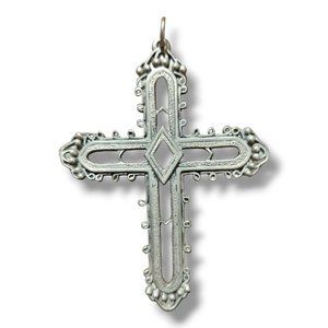 Vintage Pewter Cross Pendant Textured Ornafe Heavy 3 1/4" Unisex